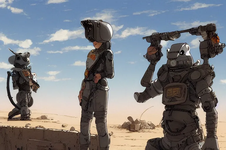 Image similar to rodent with white and black ancestral ornate japanese tactical gear on an abandonment desert planet, long shot, rule of thirds, golden ratio, graphic novel by fiona staples and dustin nguyen, by beaststars and orange, peter elson, alan bean, studio ghibli, makoto shinkai