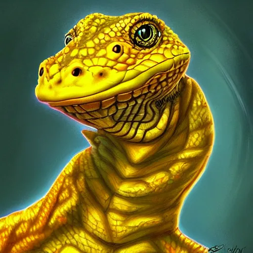 Image similar to portrait of yellow lizard, cult attire, antropomorphic, fantasy digital art, art station