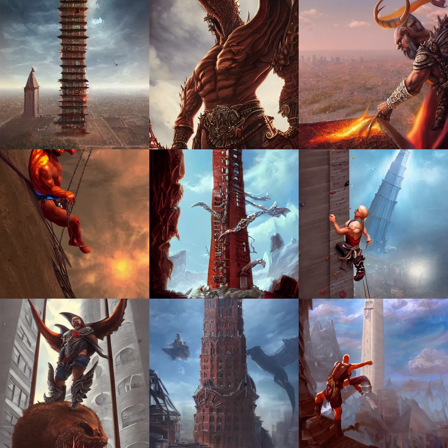 Prompt: Diablo climbing Bologna towers, digital art, realistic, trending on artstation