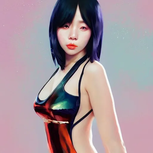 Image similar to a beautiful young korean kpop star billie eilish lucy liu alluring instagram model in elaborate latex bikini tank top, tank top made from latex demon faces, by guweiz and wlop and ilya kuvshinov and artgerm and, aesthetic, gorgeous, stunning, alluring, attractive, artstation, deviantart, pinterest, digital art