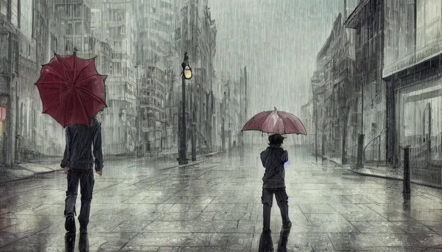 Prompt: detailed anime art. hooded boy holding an umbrella, walking through a ( rainy ) street. ( ruined ) buildings in the background. ( cinematic detailing ) ( anime art )