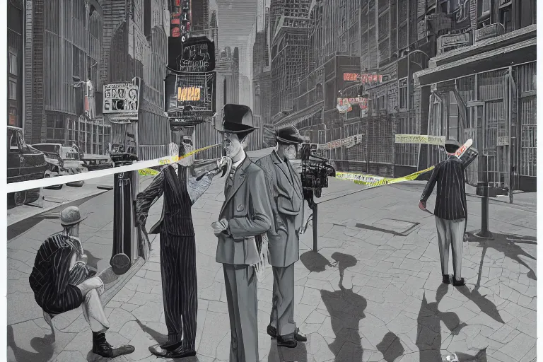 Prompt: a personified llama wearing a 1 9 4 0's noire detective outfit, standing in the streets of chicago at night looking at a crime scene, crime scene photography by moebius, junji ito, tristan eaton, victo ngai, artgerm, rhads, ross draws, hyperrealism, intricate detailed, risograph