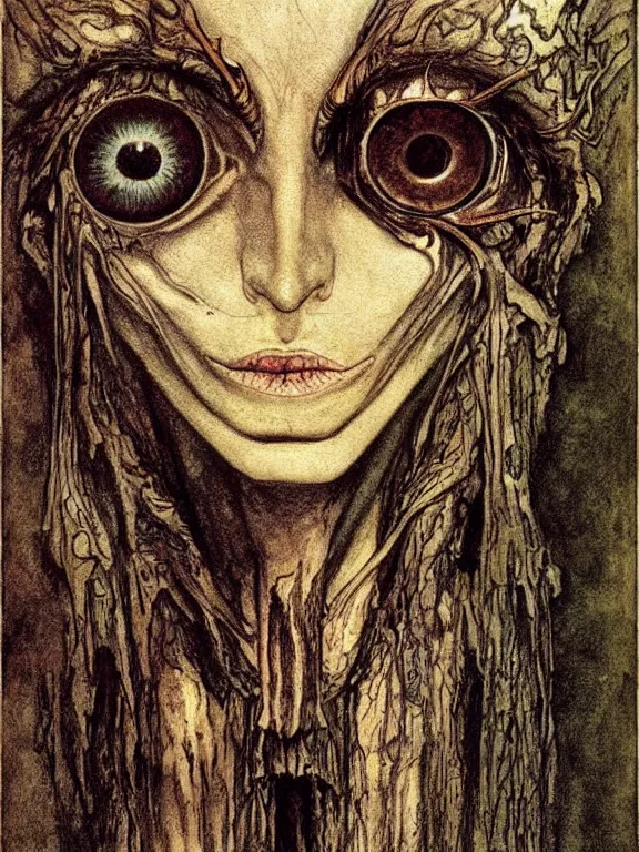 Image similar to 👁 one-eyed fantasy humanoid concept art with one huge eye in the center of the forehead and with smooth skin in place of the nose. Without the nose. Extremely high detail, details, realistic, fantasy art, solo, masterpiece, portrait painting, saturated colors, art by Arthur Rackham, Muzinabu