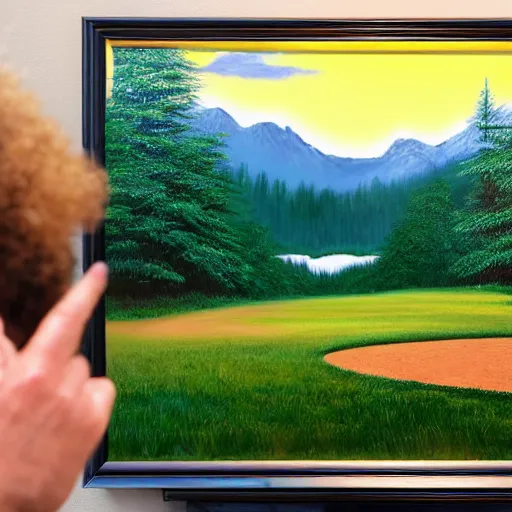 Image similar to a closeup photorealistic photograph of bob ross painting an image of kenny powers pitching a baseball on a canvas. mountains and trees. film still. brightly lit scene. this 4 k hd image is trending on artstation, featured on behance, well - rendered, extra crisp, features intricate detail, epic composition and the style of unreal engine.