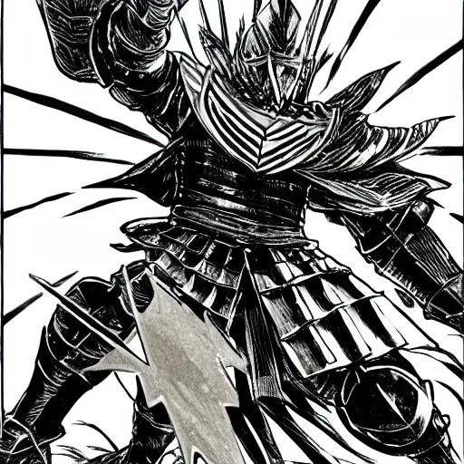 Image similar to knight in green car, blue armor, gold sword, dragon attack, low angle, action, manga panel, ONE, Murata, Berserk