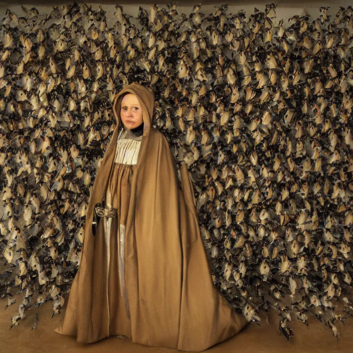 Prompt: a woman wearing a hood made of birds, in an abandoned office building, by jan van eyck, canon eos c 3 0 0, ƒ 1. 8, 3 5 mm, 8 k, medium - format print