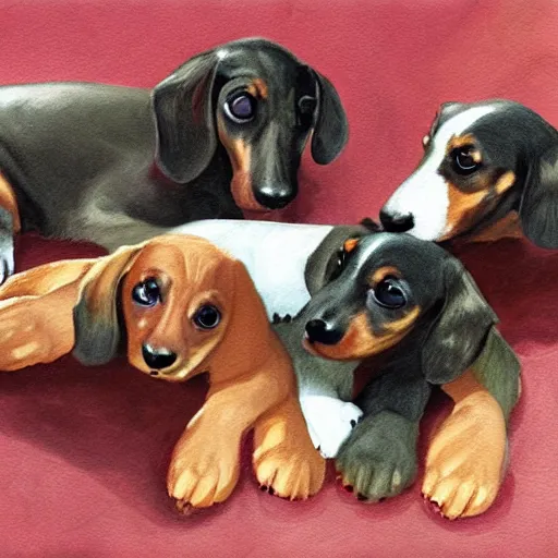 Prompt: color painting of many dachshund puppies cuddling together on the living room floor,