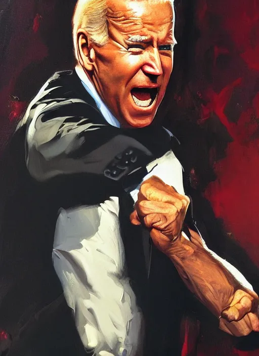 Image similar to joe biden punching, angry, screaming, painting by phil hale, fransico goya,'action lines '!!!, graphic style, visible brushstrokes, motion blur, blurry, visible paint texture, crisp hd image