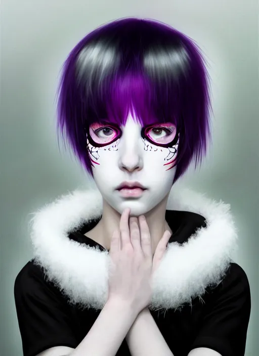 Image similar to whitebangs, black hair, black cyberlox, portrait of white teenage girl, normal face, white bangs, fluffy bangs, cyberlox, whitebangs, red contact lenses, purple background, intricate, elegant, highly detailed, digital painting, artstation, concept art, sharp focus, smooth, illustration, art by wlop, mars ravelo and greg rutkowski