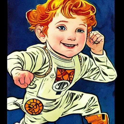 Image similar to a cute little boy with a mischievous face and short ginger hair. he is dressed as an astronaut. well composed, clean elegant painting, beautiful detailed face. comic book art by steve ditko and jack kirby and ( alphonse mucha )