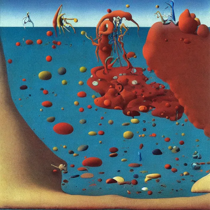 Image similar to the first color getting out of the primordial ocean to walk on land. codex seraphinianus. painting by yves tanguy, jan van eyck, moebius, walton ford, rene magritte