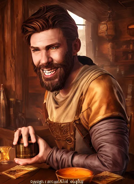 Image similar to An epic fantasy comic book style portrait painting of a handsome young man with brown wavey hair, wearing thief clothing in a tavern and smiling with a wooden tankard in hand, unreal 5, DAZ, hyperrealistic, octane render, cosplay, RPG portrait, dynamic lighting