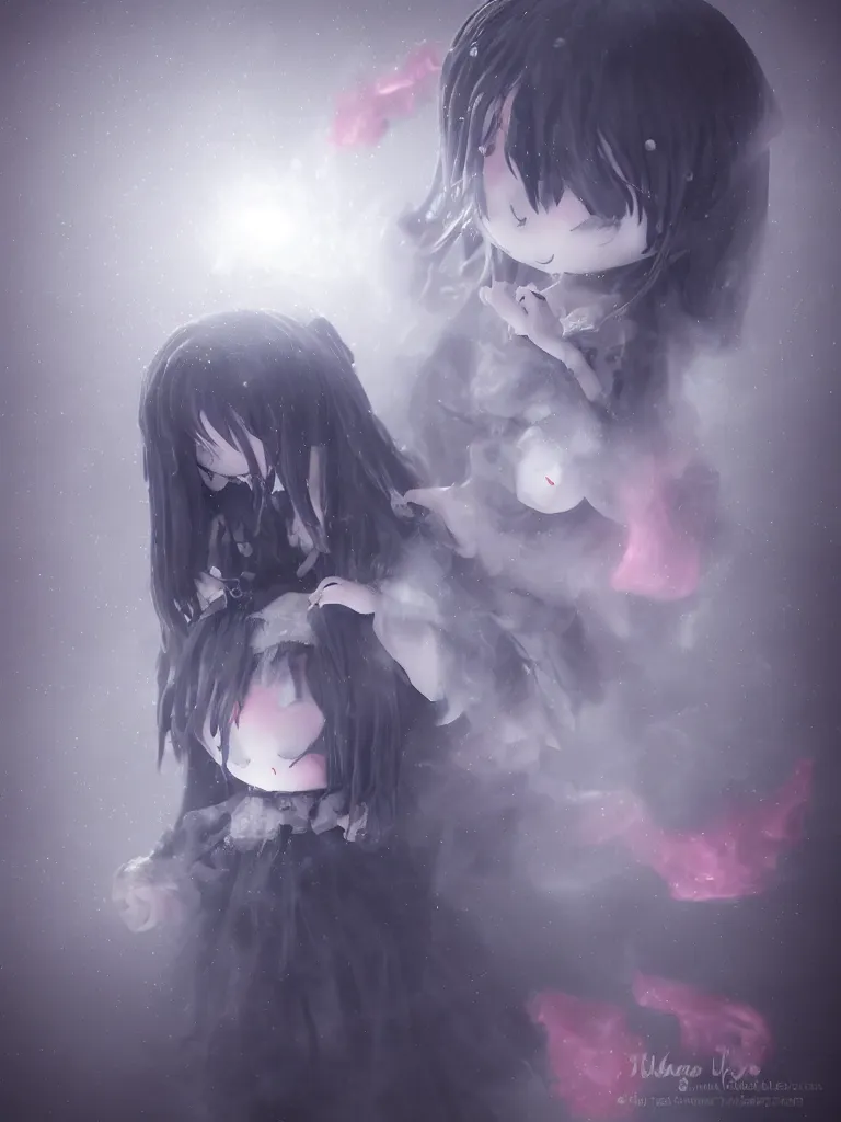 Image similar to cute fumo plush of a cursed frail witch girl held tight in the arms of a translucent ghost mother, hugging and cradling, anime, eerie pretty melting volumetric smoke and fog, dark environment map pbr reflective stormy water, gothic maiden, bokeh, vignette, vray