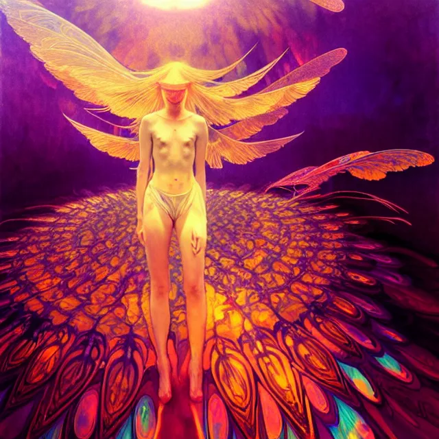 Image similar to psychedelic transcendent cyborg mind bending psychedelic wings of glossy liquid honey flowing like kaleidoscopic translucent holograph, lsd feathers, honey wind, enlightenment, high contrast dappled lighting, refracted sunset, highly detailed, concept art, art by collier, albert aublet, krenz cushart, artem demura, alphonse mucha