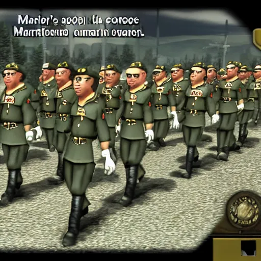 Image similar to mario as prison camp guard marching, wwii, officers uniform, ingame screenshot