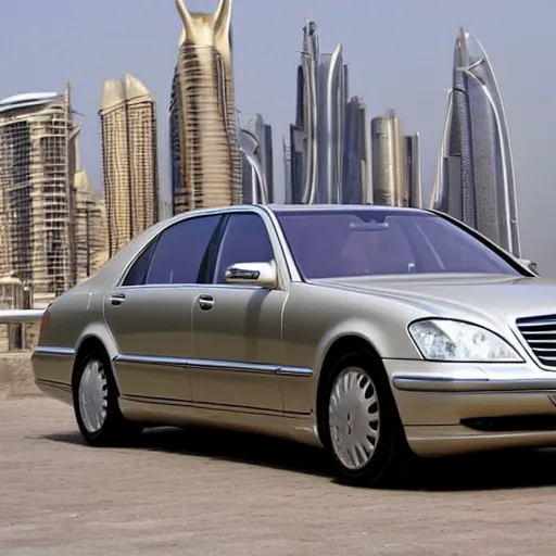 Prompt: gold Mercedes-Benz s500 long in the body 220 (w220) 2002 old year is on the roof of a high-rise building in abu dhabi