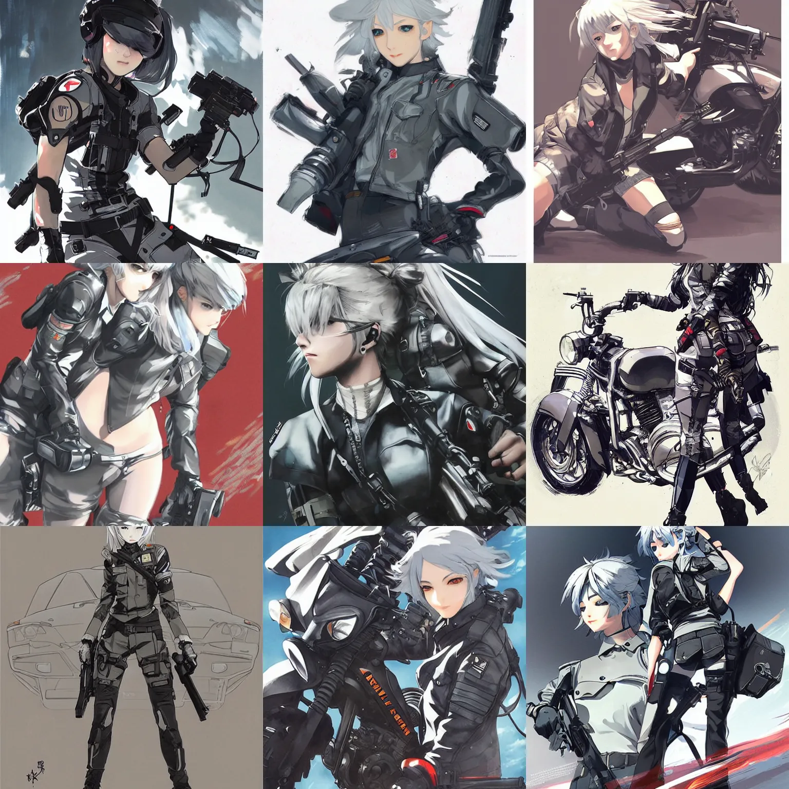 Prompt: girl silver hair, army motorcycle, illustration by Yoji Shinkawa and Krenz Cushart, cinematic