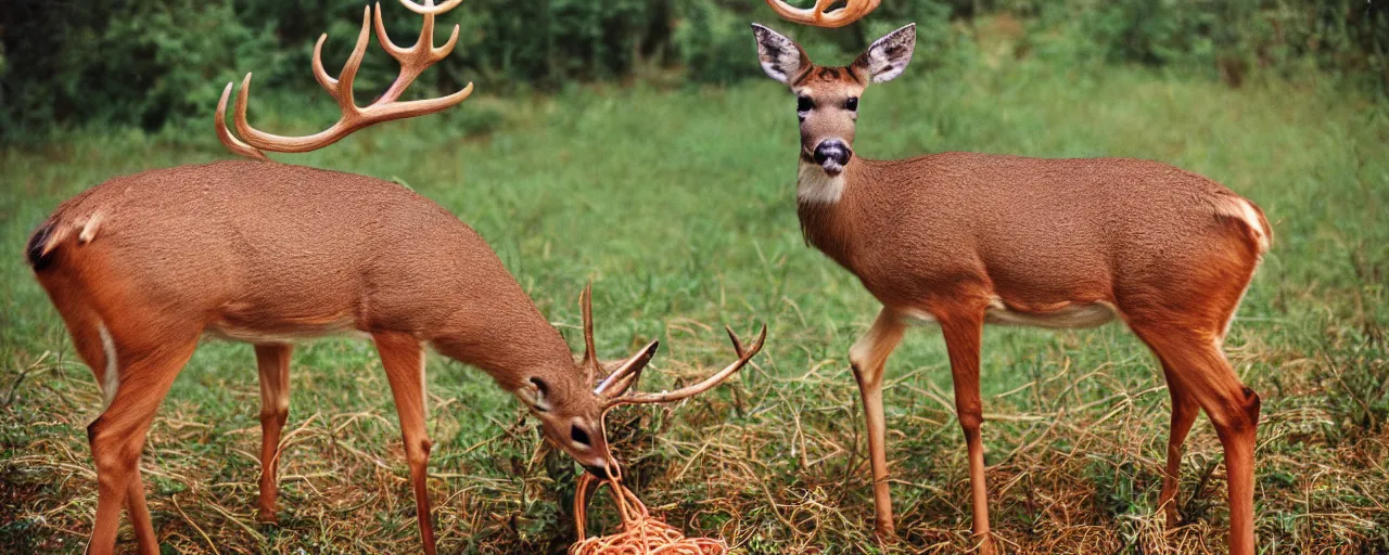 Image similar to deer eating spaghetti off a plant, in the style of national geographic, canon 5 0 mm, kodachrome, retro