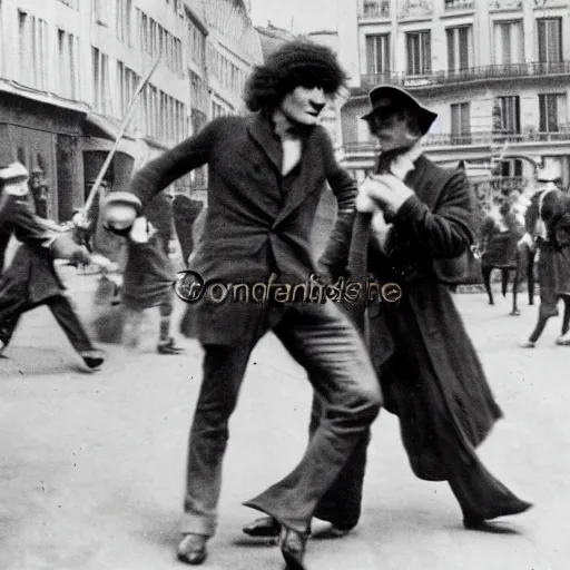 Image similar to a close - up old black and white photo, 1 9 1 3, depicting isaac newton wearing a big wig fighting gottfried leibnitz wearing a big wig in the streets of paris, rule of thirds, historical record