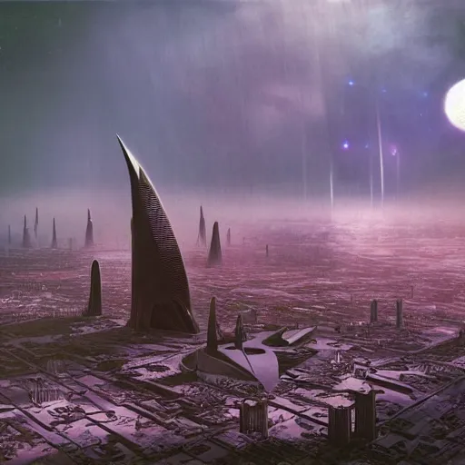 Image similar to future forest city attacked by spaceship, trees, plant, broken buildings, doom of the gods, monster, gravity mess, star trek, glory war, photograph, by arthur haas and bruce pennington and john schoenherr, cinematic matte painting, zaha hadid building, photo realism, dark moody color palate, blue hour stars, desolate glacial landscape,