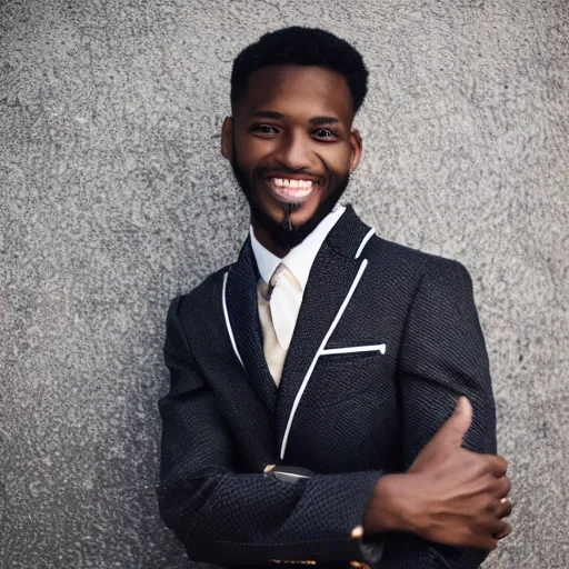 Prompt: well dressed african american male with a strange haircut and an expensive clothes smiling into the camera, f / 2. 0, photography, magazine