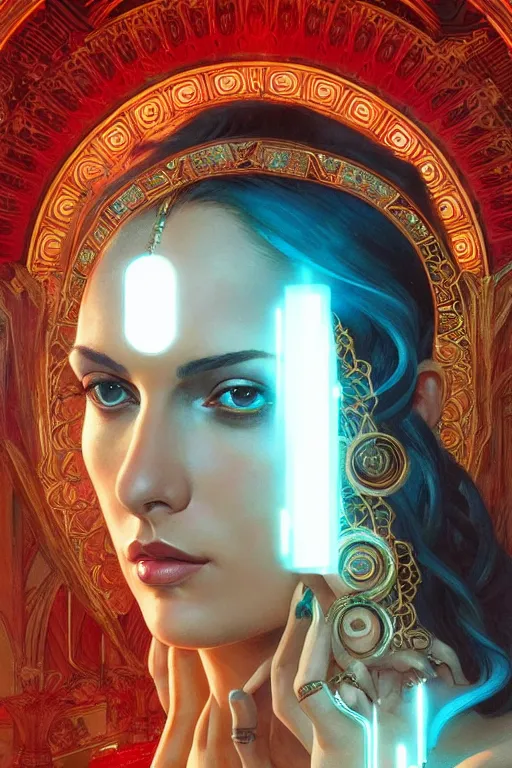 Image similar to monica belucci as the goddess hera, paper dress, volumetric lights, red and cyan theme, art nouveau botanicals, intricate, highly detailed, digital painting, artstation, concept art, smooth, sharp focus, symmetric face, illustration, art by artgerm and greg rutkowski and alphonse mucha