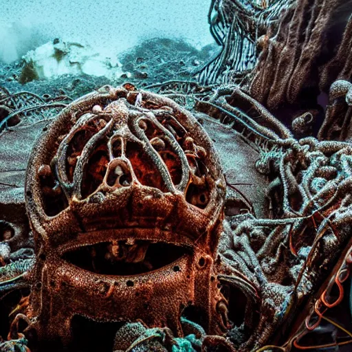 Prompt: deep sea creature, underwater megastructure, covered in rust barnacles and rot, rotting flesh and machinations, real photography