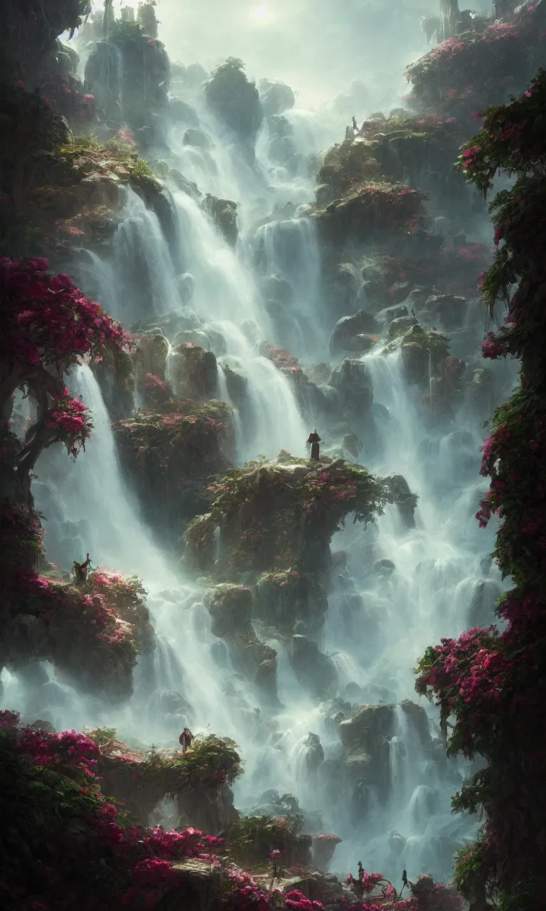 Image similar to fantasy world detailed art, dreamy roses waterfall, cinematic view, detailed, concept art, high detail, warm fantasy lighting, volumetric, trending on artstation, art greg rutkowski