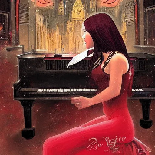 Prompt: a beautiful tarot card of a piano player with black and red hair singing in a jazz club, female, space fantasy, in the style of magic the gathering, intricate, elegant, highly detailed, digital painting, artstation, concept art, matte, sharp focus, illustration, art by greg rutkowski and alphonse mucha