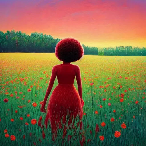 Image similar to giant red carnation afro head, full body, girl walking in the middle of a field with flowers, surreal photography, hills, sunrise dramatic light, impressionist painting, colorful clouds, digital painting, pointillism, artstation, simon stalenhag