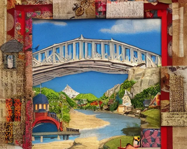 Prompt: detailed bridge with unexpected fabric elements. 8 x 1 6 k hd mixed media 3 d collage in the style of a childbook illustration in soft natural tones. matte background no frame hd