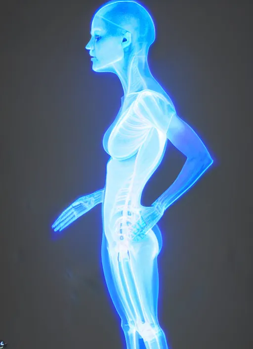 Image similar to female posing sensual figure x - ray, glowing veins under translucent skin, sigma 5 0 0 mm f / 5. bioluminescent, plasma, greg rutkowski, 8 k trending on artstation,