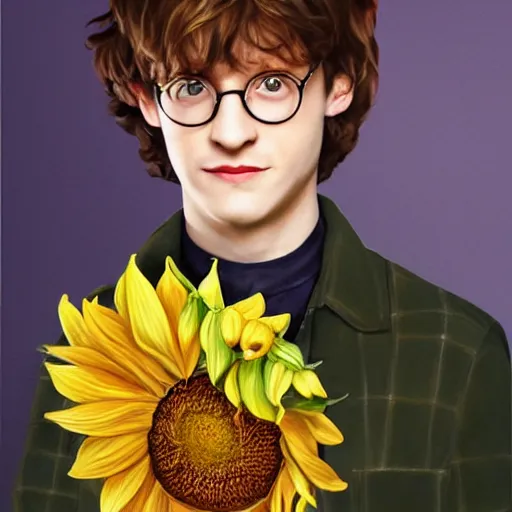 Prompt: hyperrealistic portrait harry poter holding a sunflower in the background there is a beautiful full moon