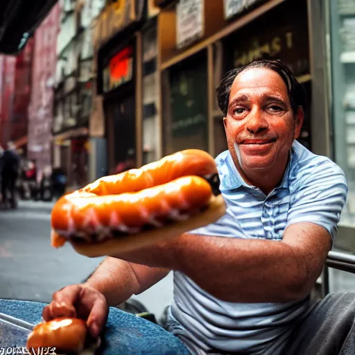 Prompt: closeup portrait of a man selling hotdogs in a smoky new york back street , by Annie Leibovitz and Steve McCurry, natural light, detailed face, CANON Eos C300, ƒ1.8, 35mm, 8K, medium-format print