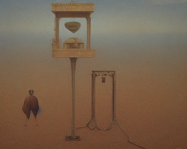 Image similar to very weird minimalistic machine, huge, occult, in the middle of desert, blotchy, hazy oil painting, tarot texture, by carrington and beksinski