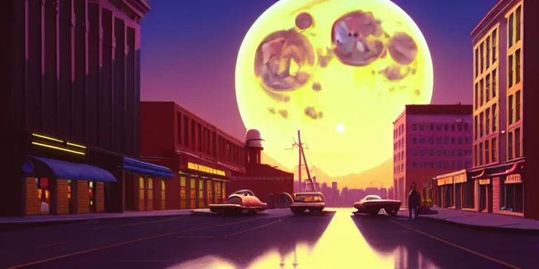 Image similar to an immaculate isometric cinematic keyframe matte painting of a sleek 1 9 7 0 s vaporwave rust belt city at dusk with an oversized moon. by eric lafforgue, glennray tutor and edward hopper, greg rutkowski. trending on artstation.