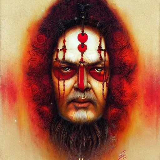 Prompt: wise old Indian guru, red and gold, by Anato Finnstark, Tom Bagshaw, Brom