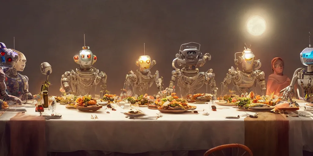 Prompt: a table dinner of robots where robots are dressed like the characters from the midsommar movie, sharp focus, wide shot, trending on artstation, masterpiece, by greg rutkowski, by ross tran, by fenghua zhong, octane, soft render, ultrarealistic, colorful, cinematic