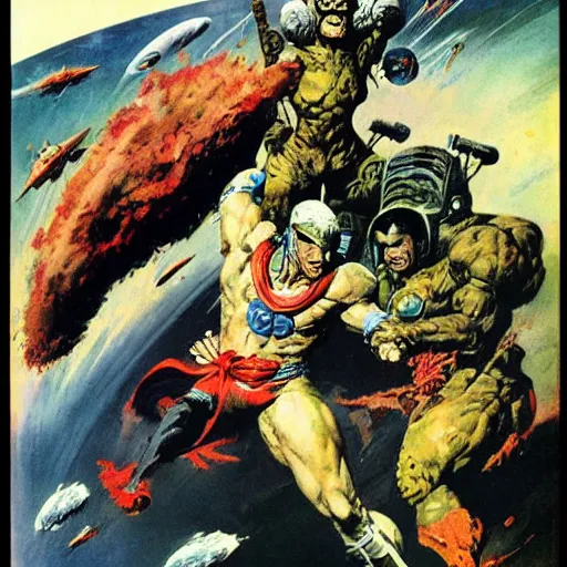 Prompt: visitors from outer space attack earth, the great fight, by Frank Frazetta