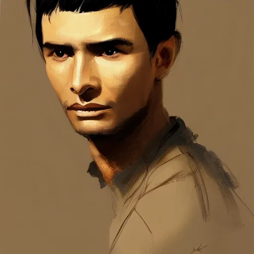 Image similar to portrait of a handsome peruvian man by greg rutkowski, he is about 3 0 years old, short black hair with bangs, very tall and slender, he is wearing a beige and black utility jumpsuit, highly detailed portrait, digital painting, artstation, concept art, smooth, sharp focus ilustration, artstation hq