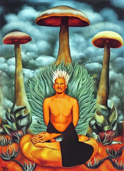 Image similar to 8 0 s new age album cover depicting a mushroom cloud in the shape of guy fieri, very peaceful mood, oil on canvas by frida kahlo