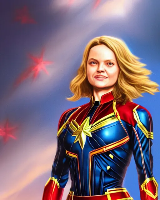 Prompt: hyper realistic painting of young michelle pfeiffer in captain marvel suit, hyper detailed, by clay mann, trending on artstation