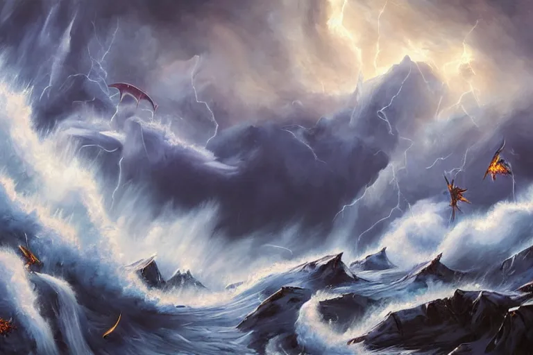 Image similar to a vast oil painting of two storm dragons dueling above the snowy peaks, hyper realistic, vivid, highly detailed, many colors