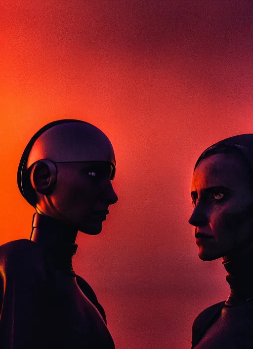 Image similar to cinestill 5 0 d photographic portrait of two loving female androids wearing rugged black techwear on a desolate plain with a red sky, extreme closeup, cyberpunk style, in front of a brutalist dark metal facility, dust storm, 8 k, hd, high resolution, 3 5 mm, f / 3 2, ultra realistic faces, ex machina