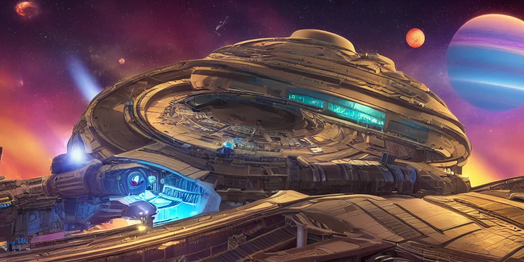 Prompt: a wide shot of a large distant hi-tech sci-fi spaceship from the outside, with a lot of bright color lights, bridges, turrets, pipes, orbiting a gas giant planet, photography, color, intricate, extremely detailed, realistic