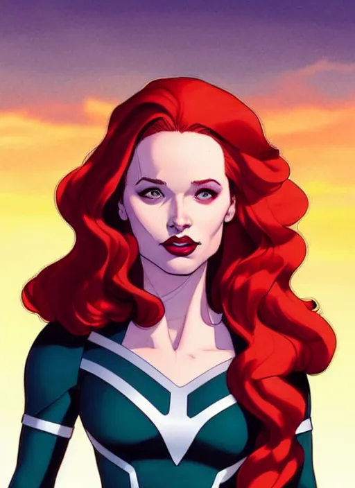 Image similar to Rafeal Albuquerque comic art, Joshua Middleton comic art, cinematics lighting, sunset colors, pretty female Madelaine Petsch Rogue x-men marvel, big smirk, symmetrical face, symmetrical eyes, long red hair and white hair, with white streak in hair, full body, flying in the air, sunset