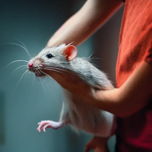 Prompt: fitzyhere playing with his pet rat, joyful, fun, 3 5 mm photography, highly detailed, cinematic lighting