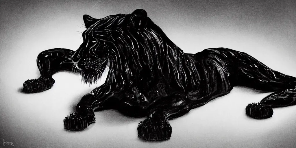 Image similar to a black lioness, made of ferrofluid, viscous, sticky, full of ferrofluid, laying on the white couch, covered with black goo. photography, dslr, realism, animal drawing, color, rim - light, wrinkles, reflections, wildlife photography, ferrofluid