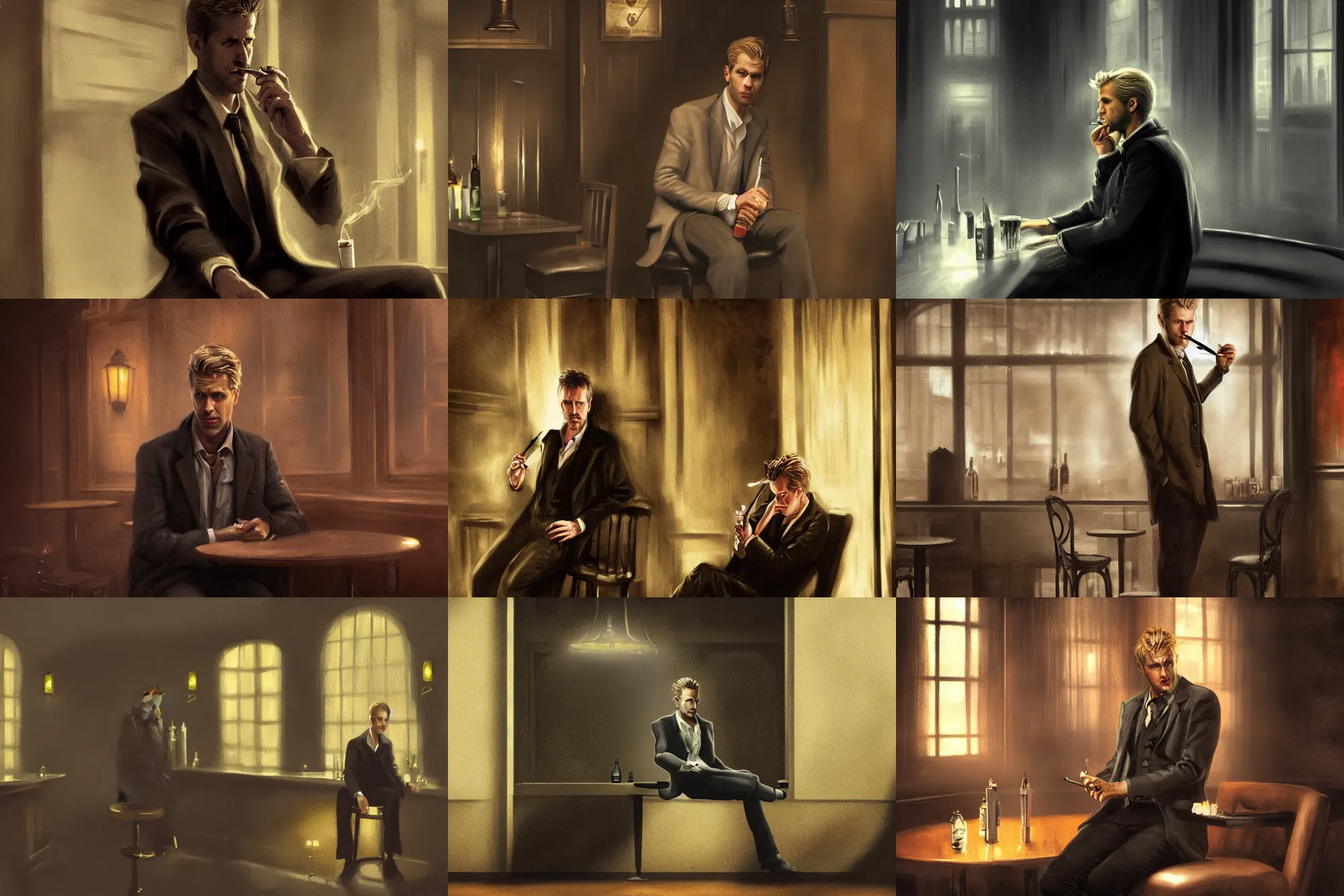 Prompt: matte painting character illustration of john constantine sitting down in a shadowed corner of the room at a bar in london smoking a cigarette, digital painting, illustration, john singer sargent, gothic, amazing values, 8 k, symmetrical face details, realistic face details, realistic eyes, moody lighting, blonde man, octane render