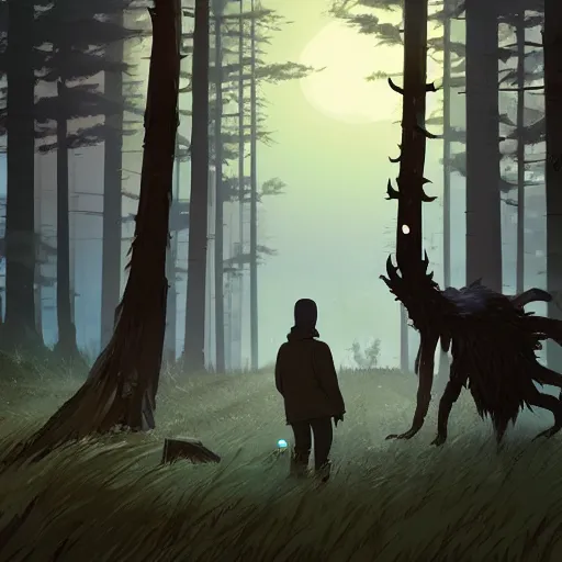 Prompt: the wendigo stalks for prey in the dark burning forest by studio ghibli, Makoto Shinkai, artgerm and Atey Ghailan, Goro Fujita, 4K, highly detailed, inspired by dark souls ((vibrant but dreary brown, blue and black color scheme))